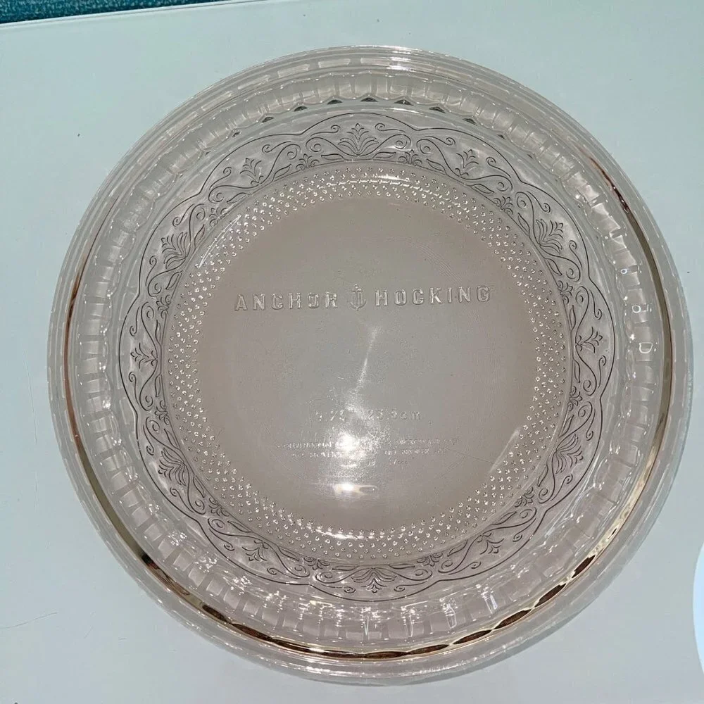 Anchor Hocking Vintage Cake Pie Dish Clear Rose Glass Laurel Embossed 9.25 USA